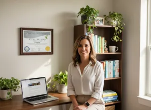 Board certified health coach with AANWC wellness coach certification displayed in office