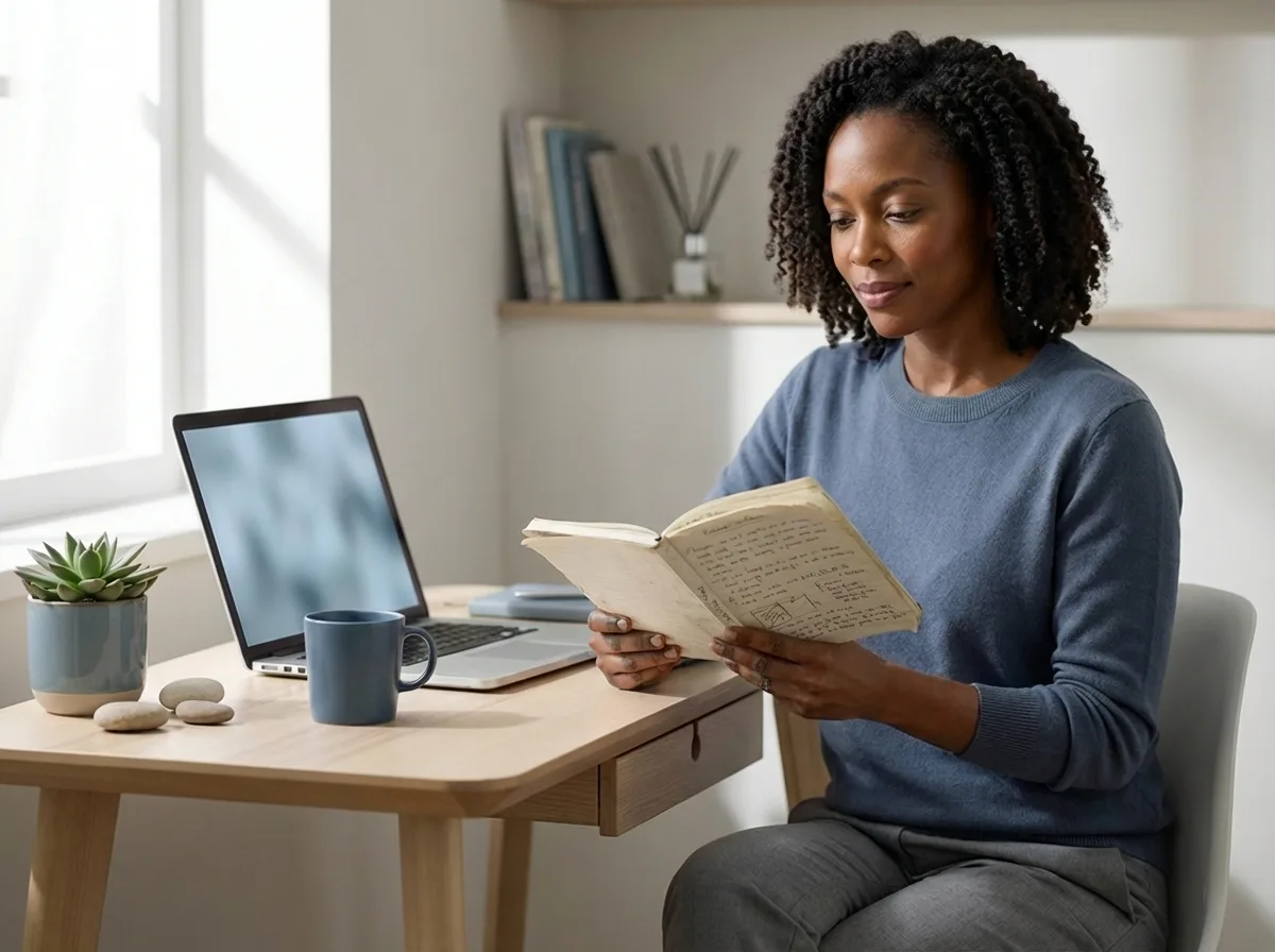 Board-Certified Health Coach in Professional Workspace Board-certified health coach reviewing notes in a calm professional workspace