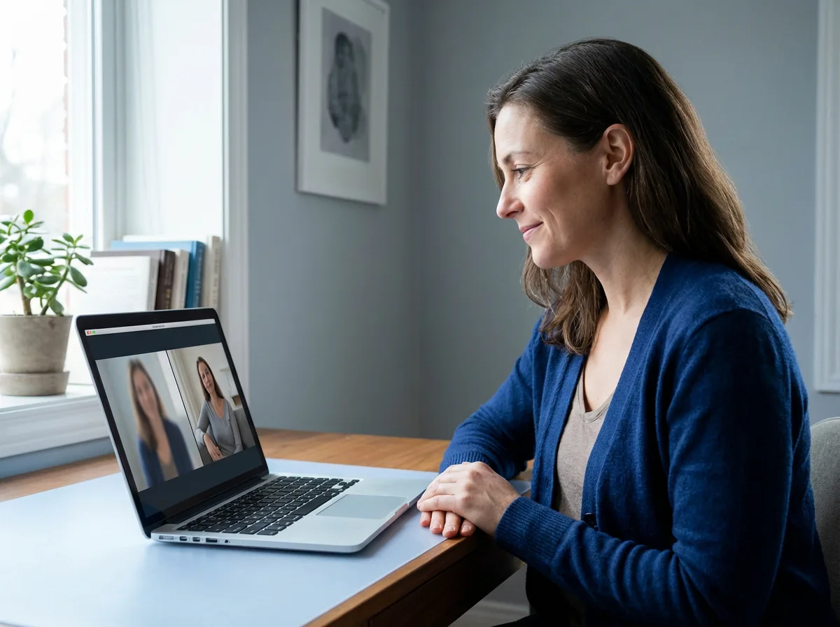 Confident Virtual Coaching Session Board-certified health coach conducting a virtual coaching session with a client