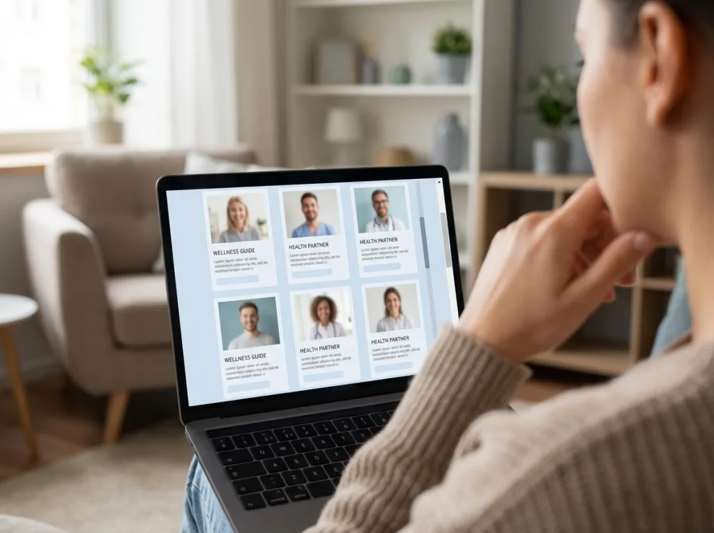 Person comparing multiple health coach profiles online without clear certification differences