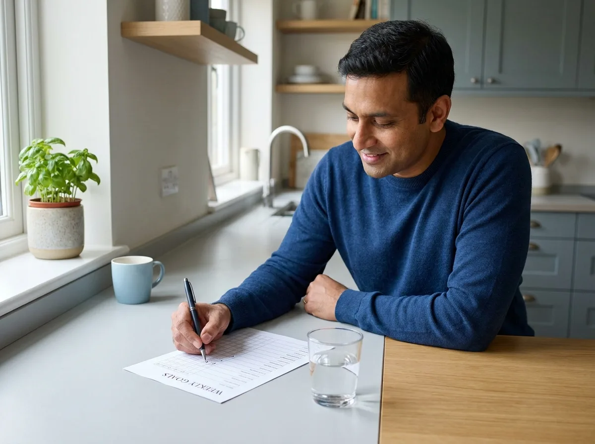 Man at a sunlit kitchen counter ticking a small box on a printed weekly habit tracker, glass of water beside him.
