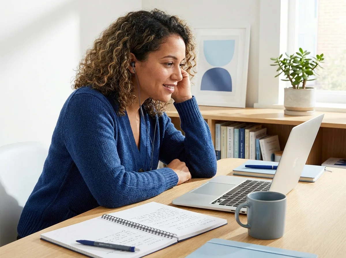 Health coach at a sunlit home-office desk leaning toward her laptop in attentive listening posture during a client video session.
