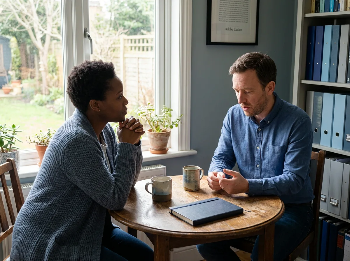 Coach and client seated across a small wooden table by a sunlit window, mid-conversation, the client looking down in thought as the coach listens.