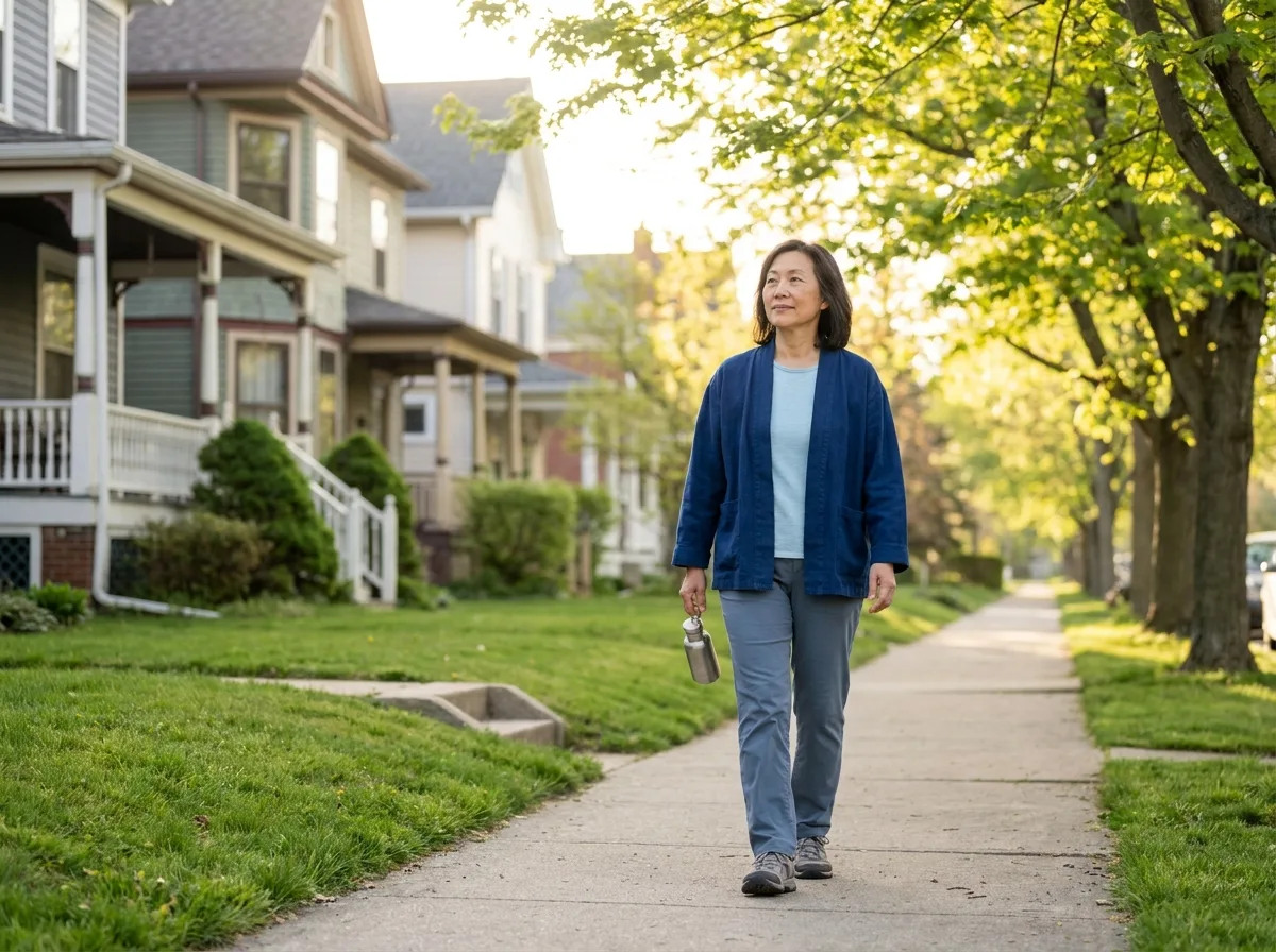 Woman walking unhurriedly along a tree-lined residential sidewalk in early-morning light, the new behavior integrated as ordinary life.