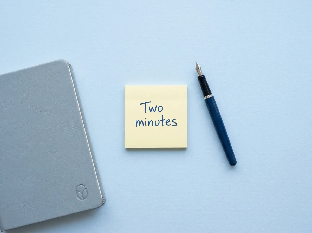 Overhead view of a small sticky note reading Two minutes beside a closed planner and fountain pen on a light-blue paper surface.