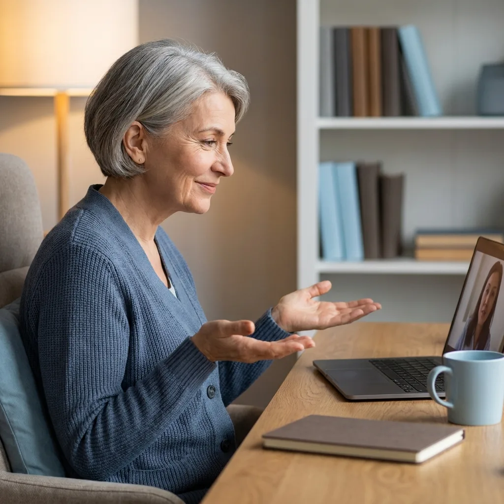 Normalizing Without Excusing A coach offers warm reassurance on a video call, normalizing a client's struggle during a remote session.