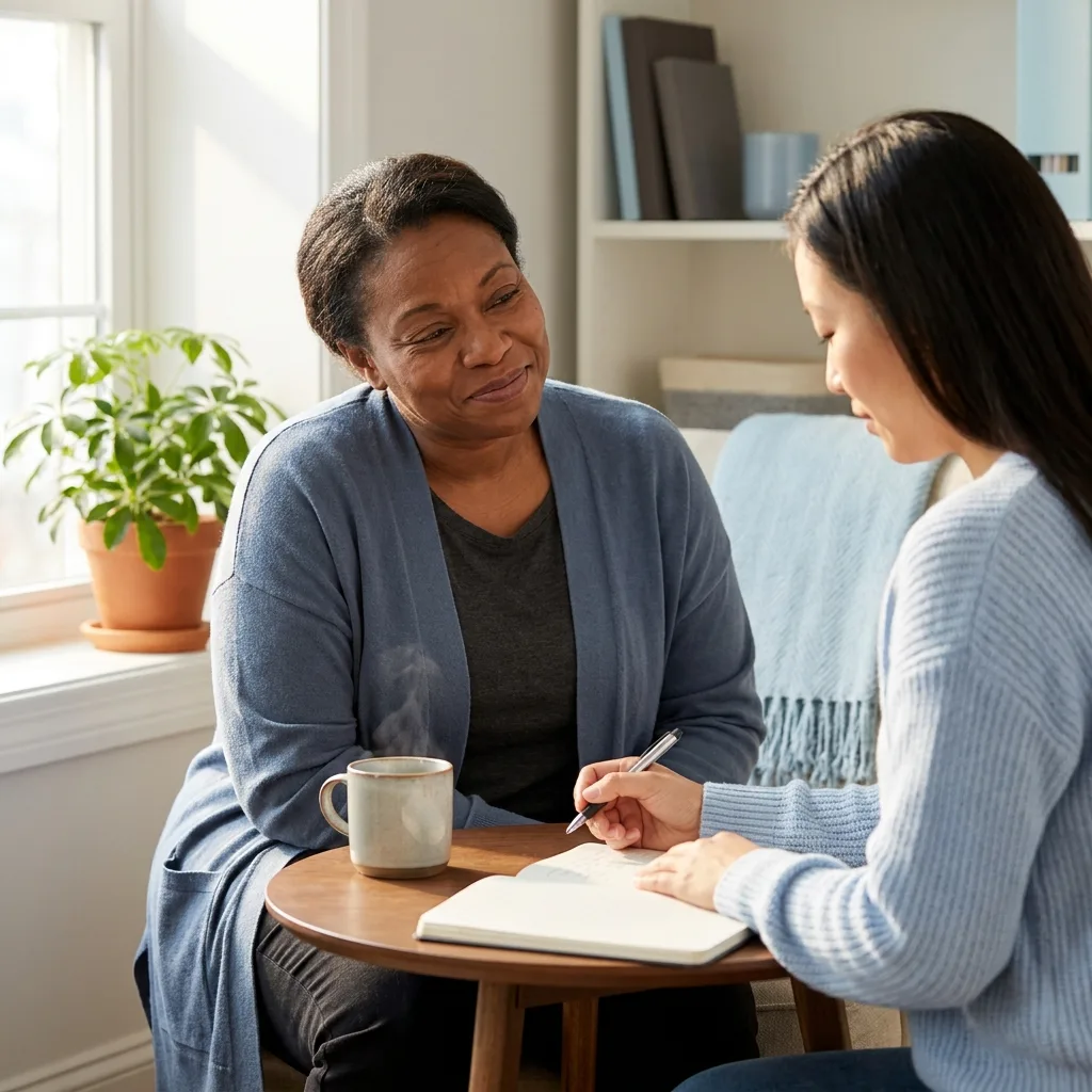 A health coach leans in with warm attention as a client speaks during a calm one-to-one coaching session.