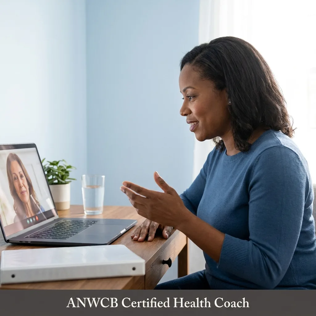 Health coach in a virtual one-on-one session explaining a metabolic concept to a client on her laptop screen.