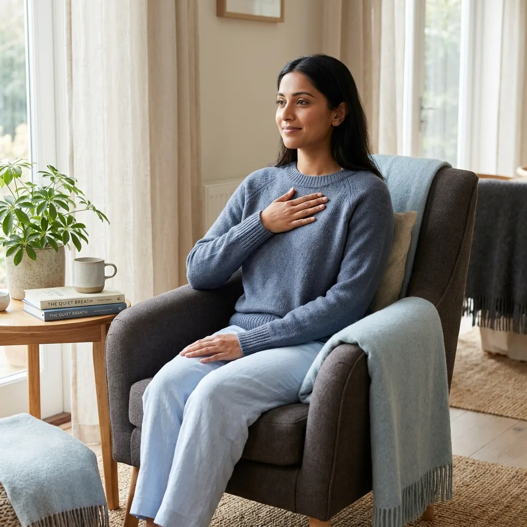 The Step Back Into Balanced Awareness A woman takes a calm, steadying breath by a window, present and self-aware rather than overwhelmed.