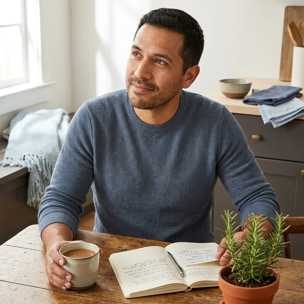The Inner Conversation After a Setback A man pauses in honest, composed self-reflection over a journal at a sunlit kitchen table.