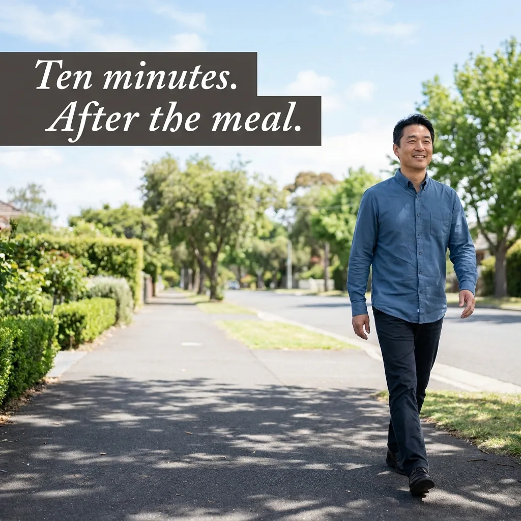 A man in his late forties walking unhurriedly on a quiet residential sidewalk just after lunch at a conversational pace.