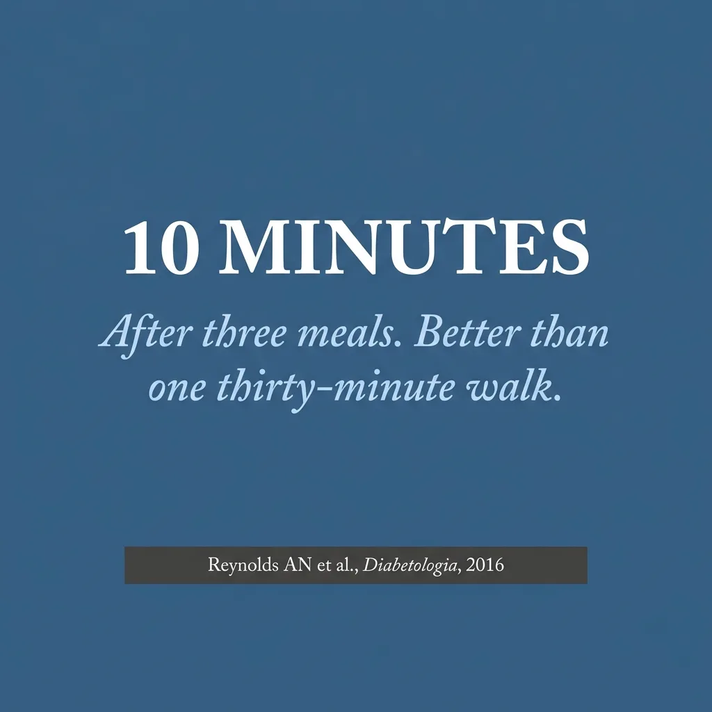 Editorial typographic image rendering the ten-minute post-meal walk finding from a 2016 study published in Diabetologia.