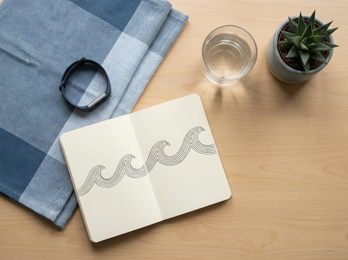 A calm flat lay of a wearable, a notebook with a wave drawing, water, and a small plant on a warm desk.