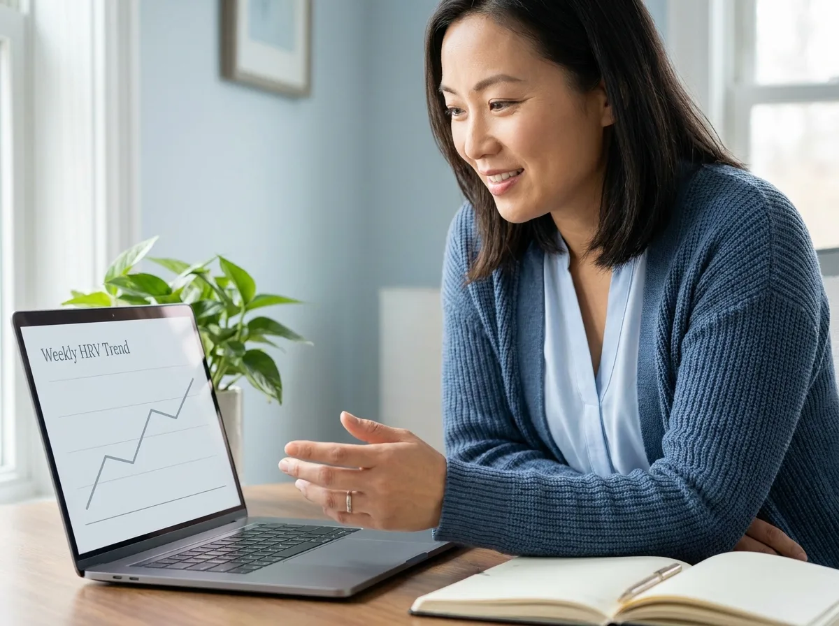 A health coach on a video call points to a gently rising weekly HRV trend on a laptop graph.