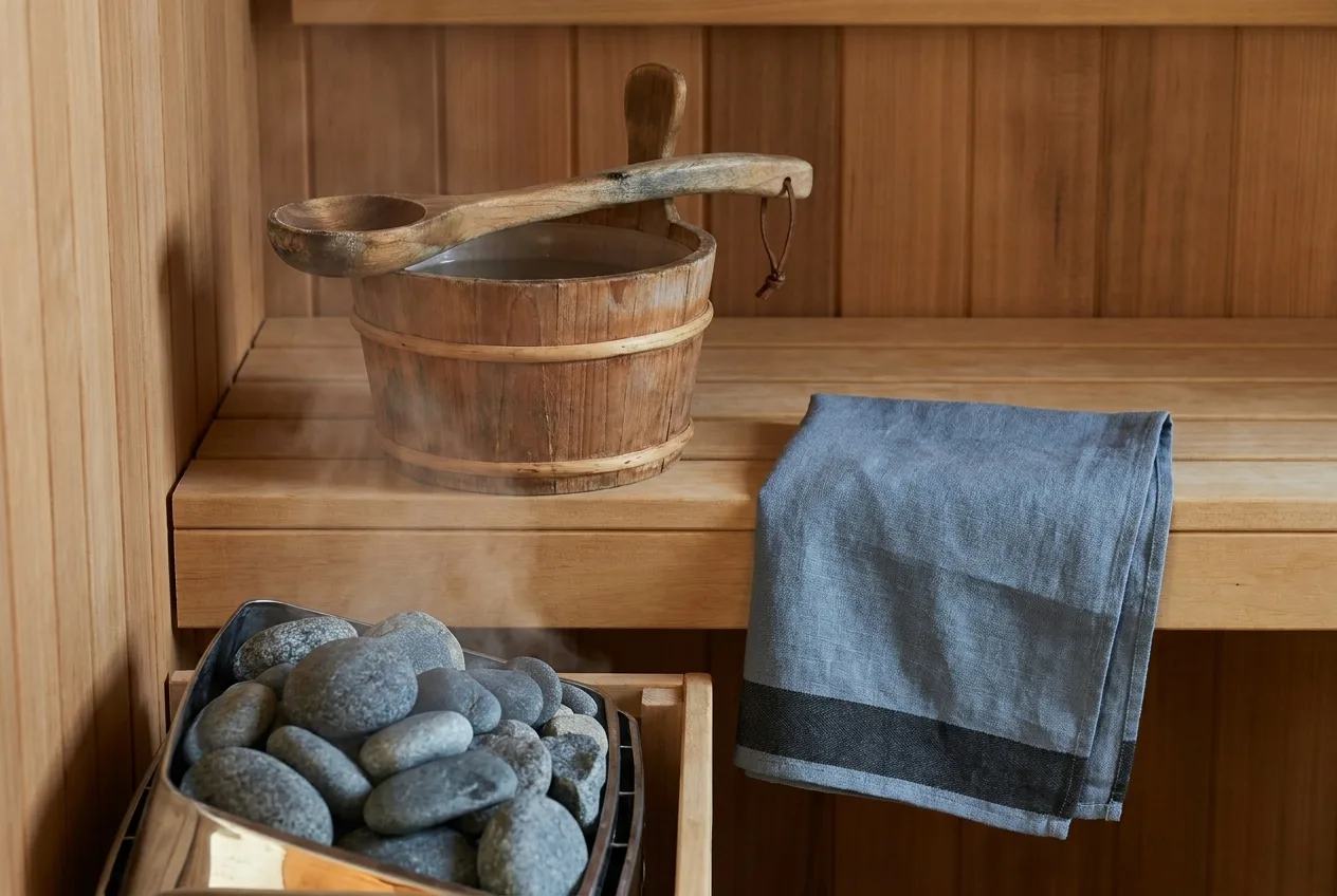 A serene wooden sauna interior with a ladle, stones, a folded towel, and soft steam.