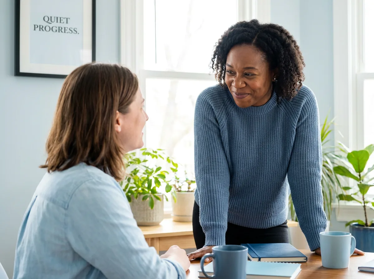 Coach affirming a client's genuine strength as the client recognizes their own progress.