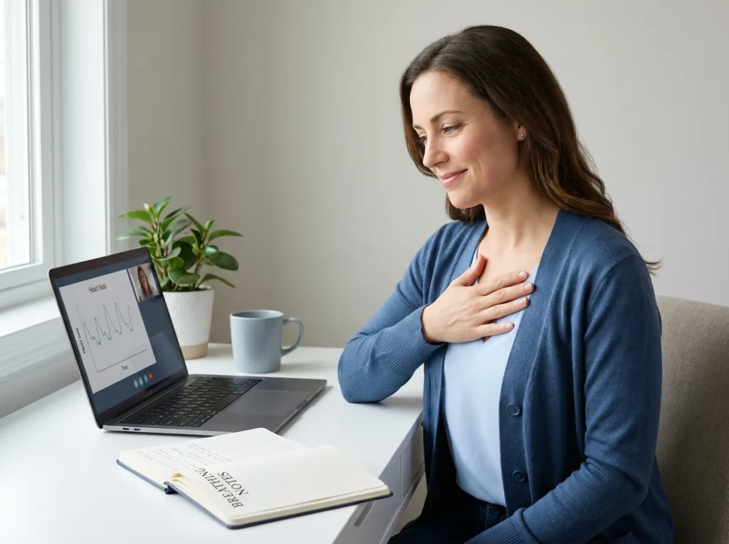A health coach models a slow paced breath for a client during a calm video-call coaching session.