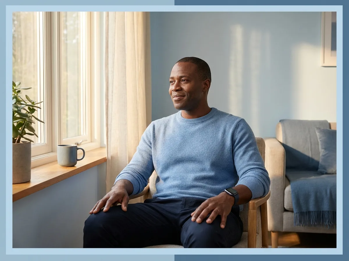 A man practices a slow paced breath by a sunny window at home, a smartwatch on his wrist.