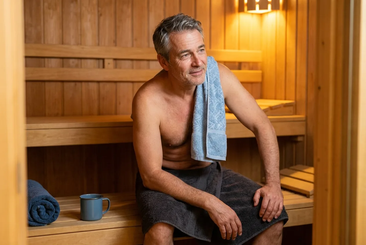 A man sits comfortably and at ease inside a warm wooden sauna.
