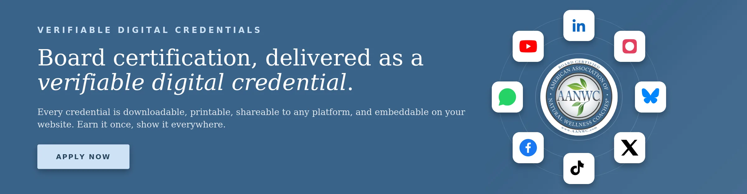 Board Certified Health Coach digital credential from AANWC displayed with social media sharing and verification options.