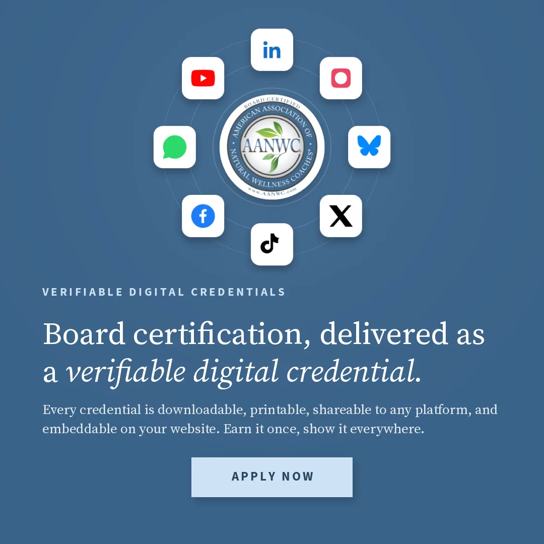 AANWC Board Certified Health Coach digital credential with social media sharing icons.