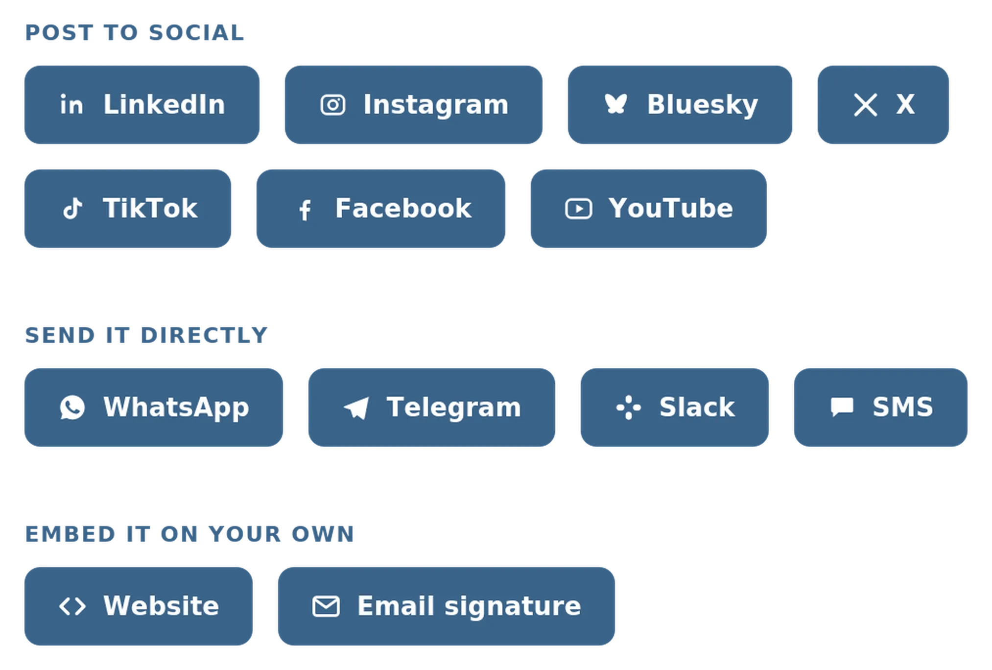 Accredible sharing panel with options for LinkedIn, Instagram, Facebook, YouTube, TikTok, website embedding, email signatures, messaging apps, and SMS