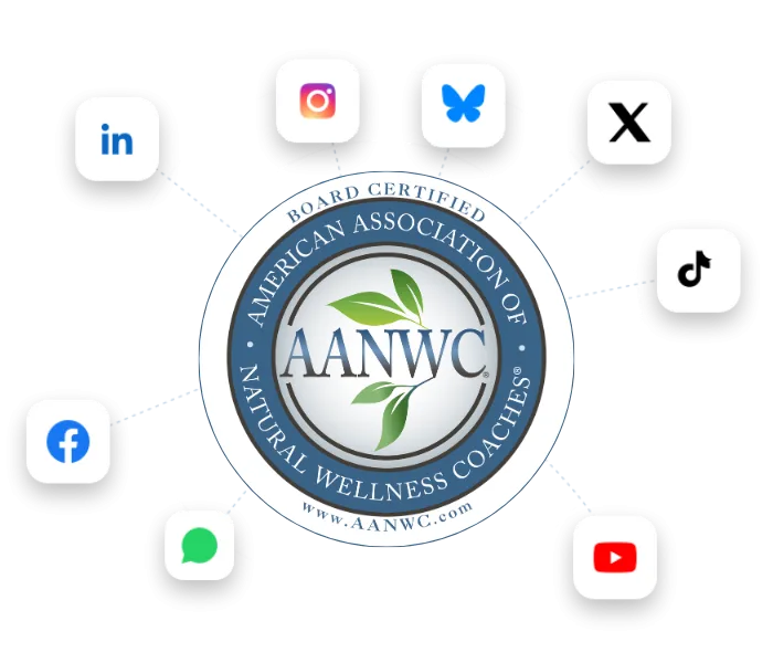 AANWC Board Certified Natural Wellness Coach seal connected to LinkedIn, Facebook, Instagram, TikTok, X, YouTube, Bluesky, and messaging platforms.