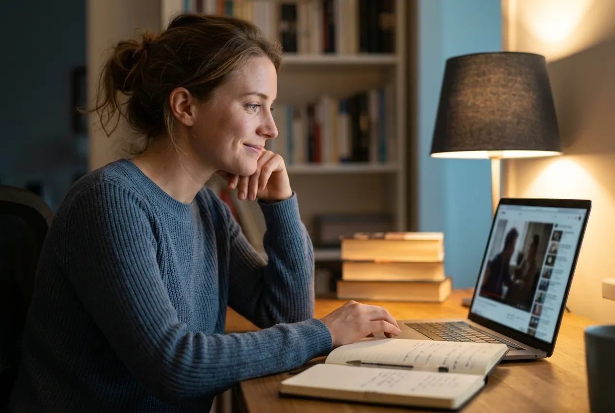 Presence as Posture on a Video Session Coach seated with the camera near eye level, hands still and body turned toward the client during a video coaching session.