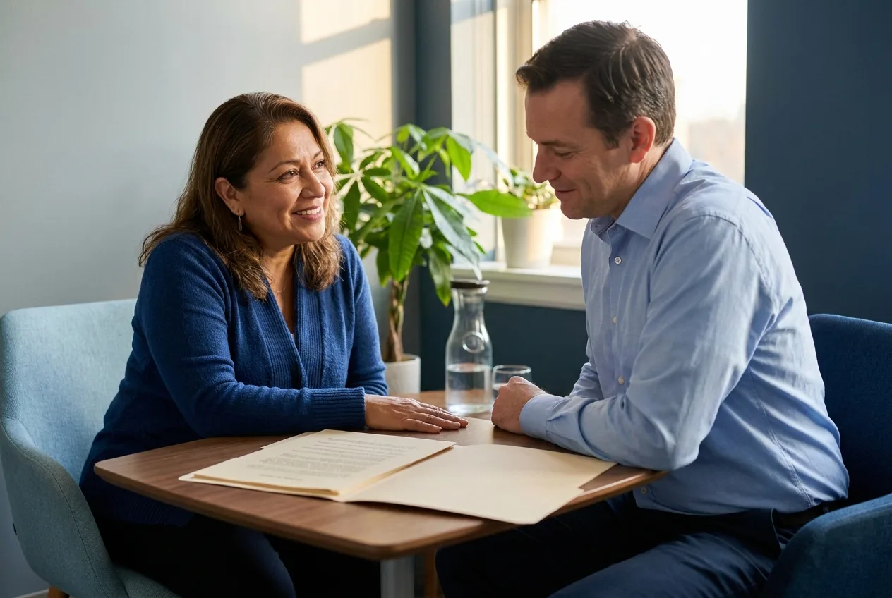 Health coach talking a new client through a short written agreement at the start of a coaching engagement.