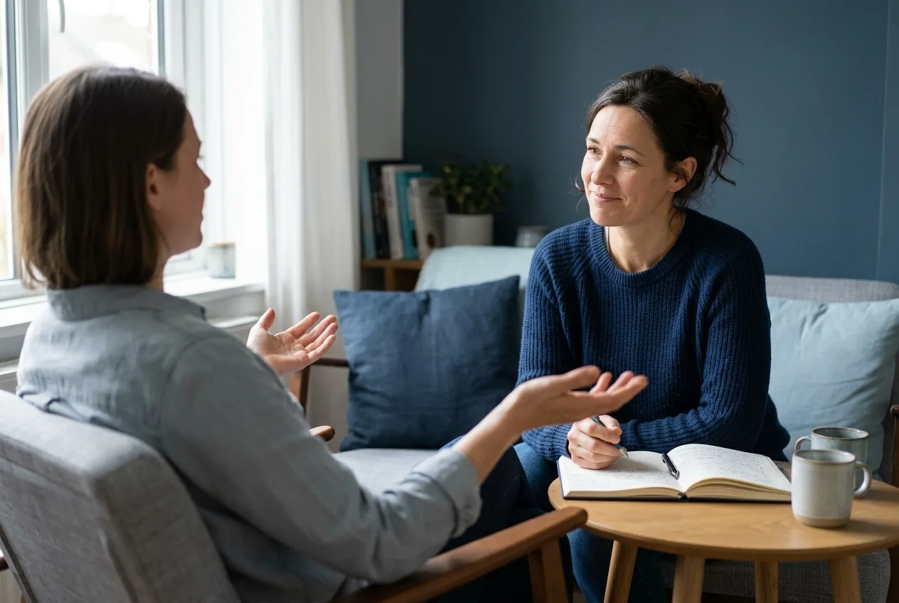 Health coach listening as a client sits back and asks a direct question during a home office coaching session.