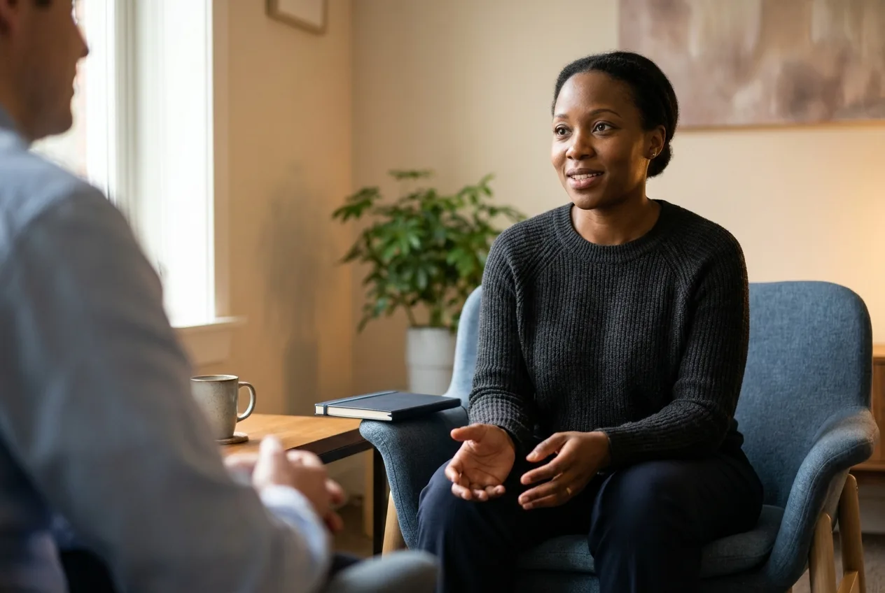 Holding the Pause in a Coaching Session Health coach sitting quietly across from a client in an office session, listening through a pause rather than filling it.