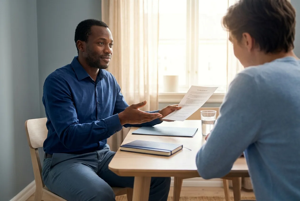 Health coach turning a printed handout toward a client with an open offering gesture during a session.