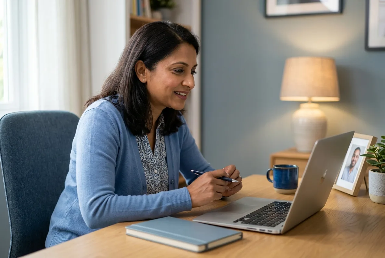 Health coach leaning toward her laptop during a virtual session, listening with her notebook closed beside her.
