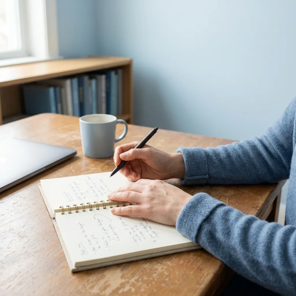Reading Back Through Session Notes A coach's hands rest over an open notebook of session notes on a sunlit home office desk.