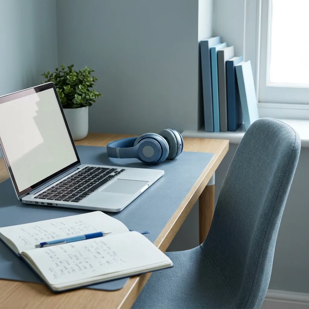 Reading Energy on a Video Call A home desk mid-session with an open laptop angled away, headphones, an open notebook, and a chair pushed back.