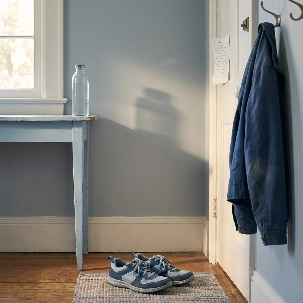 A Step Small Enough to Be Strange to Skip Walking shoes by a door with a filled water bottle on a hall table and a small handwritten note on the door frame.