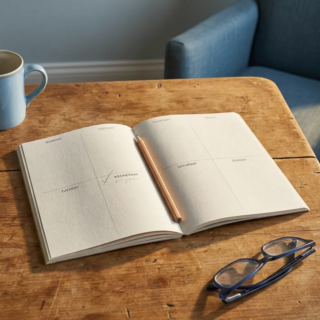 The Reading Is Taken Again An open paper week planner on a wooden table with one small pencil mark on a single day in afternoon light.